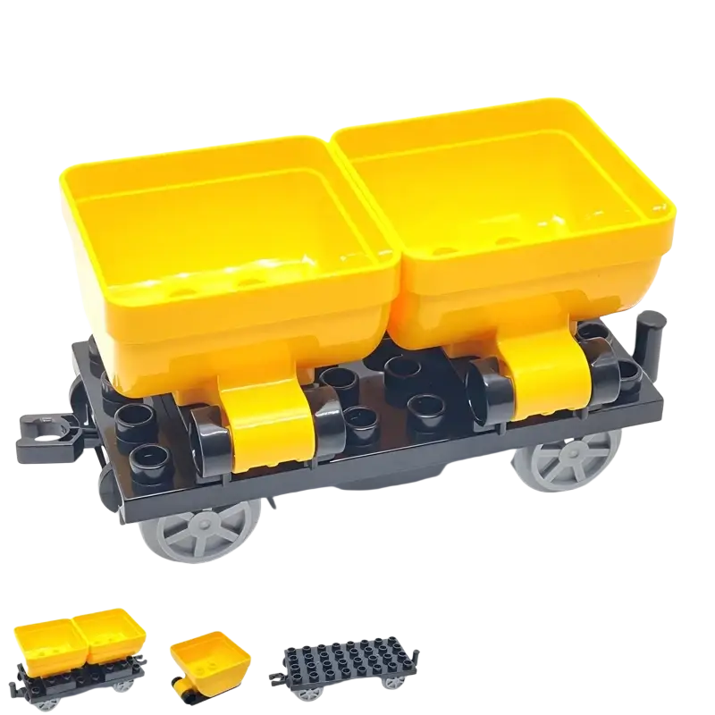 Yellow plastic mining cart with black and gray wheels made from building blocks compatible with Duplo train toys