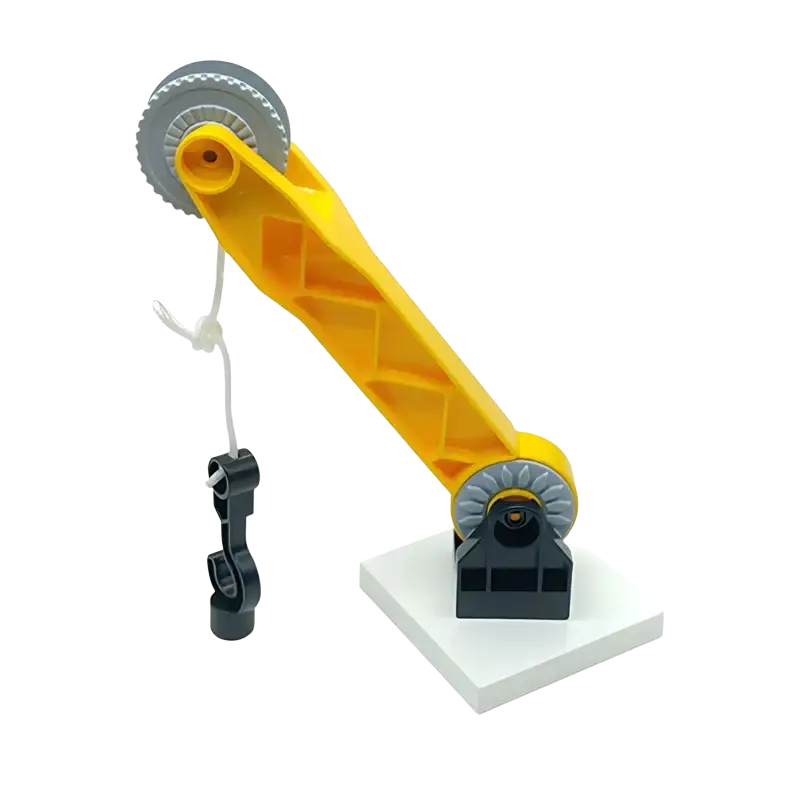 Yellow plastic toy crane with gray gear wheels and black base compatible with building blocks train car toys