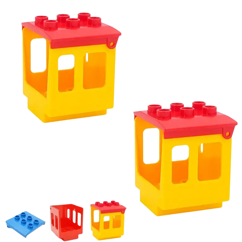 Yellow and red plastic building blocks Duplo compatible train car with three rectangular windows on the side