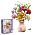 A pink ribbed lego vase holding a colorful plastic flower bouquet for building blocks and blocks fan enthusiasts