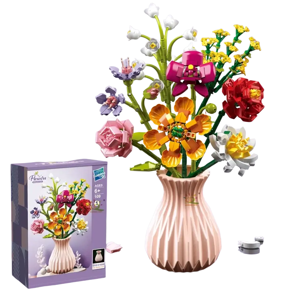 A pink ribbed lego vase holding a colorful plastic flower bouquet for building blocks and blocks fan enthusiasts