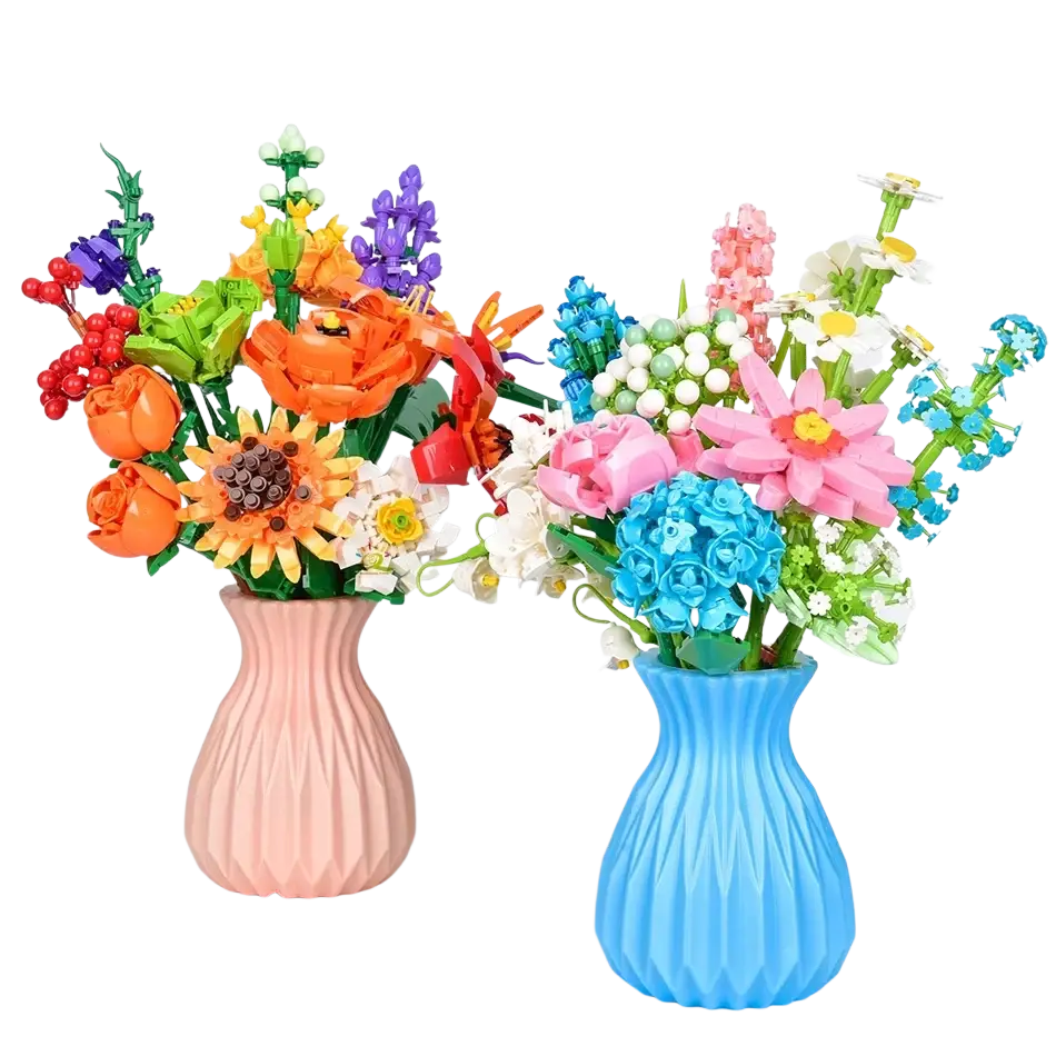 Two colorful building blocks flower bouquets in pink and blue ribbed vases ideal for blocks fans