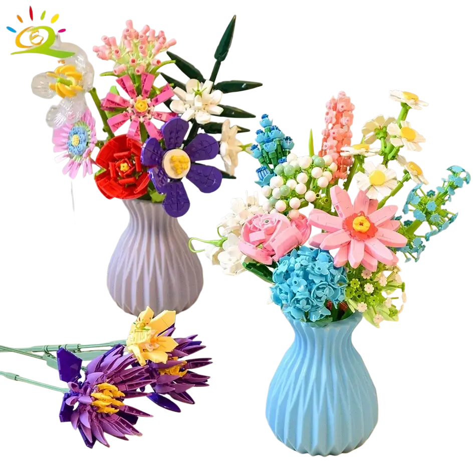 A vibrant colorful building blocks flower bouquet set in a light blue ribbed ceramic vase for blocks fans