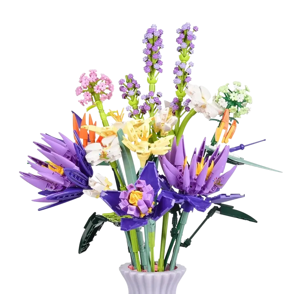 A vibrant building blocks flower bouquet set with purple pink white and yellow lego flowers in a gray ceramic vase for blocks fan