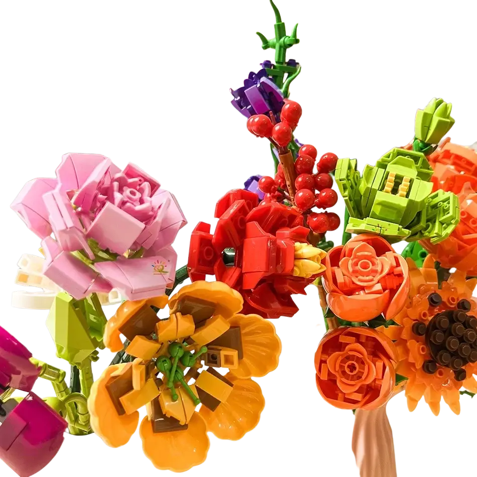 A vibrant building blocks flower bouquet set featuring pink roses red blooms orange sunflowers and purple blossoms for blocks fans