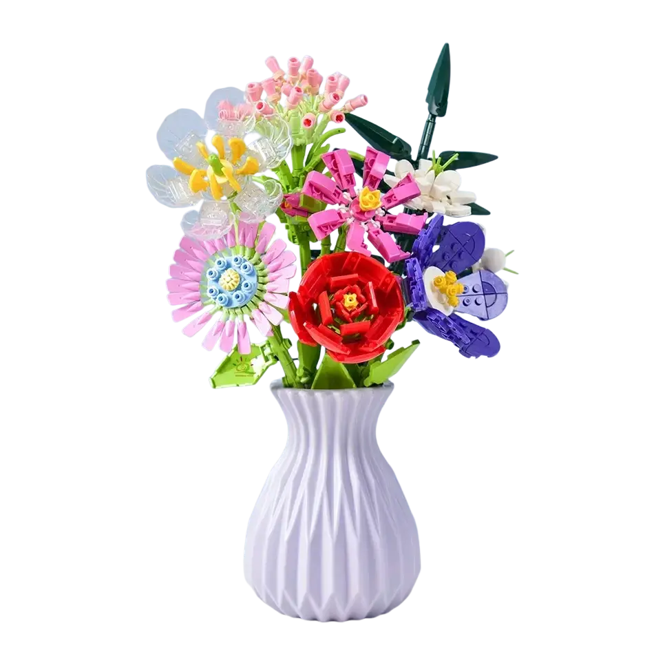 A vibrant multi-colored building blocks flower bouquet in a lavender ribbed ceramic vase for blocks fans
