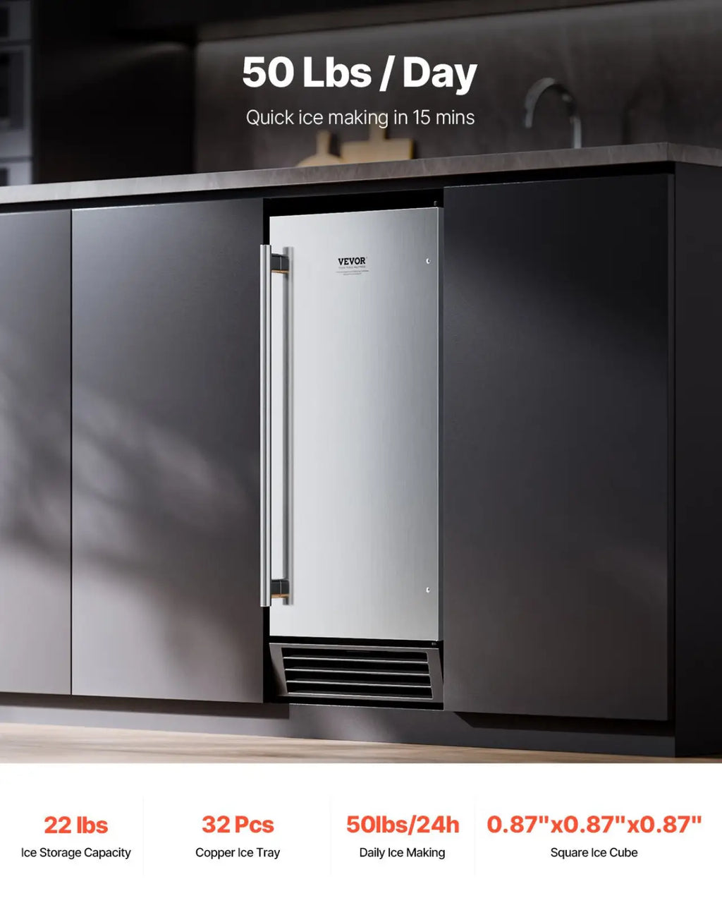 Stainless steel yevor built-in ice maker 50 lbs with drain pump and sleek modern design with vertical handle