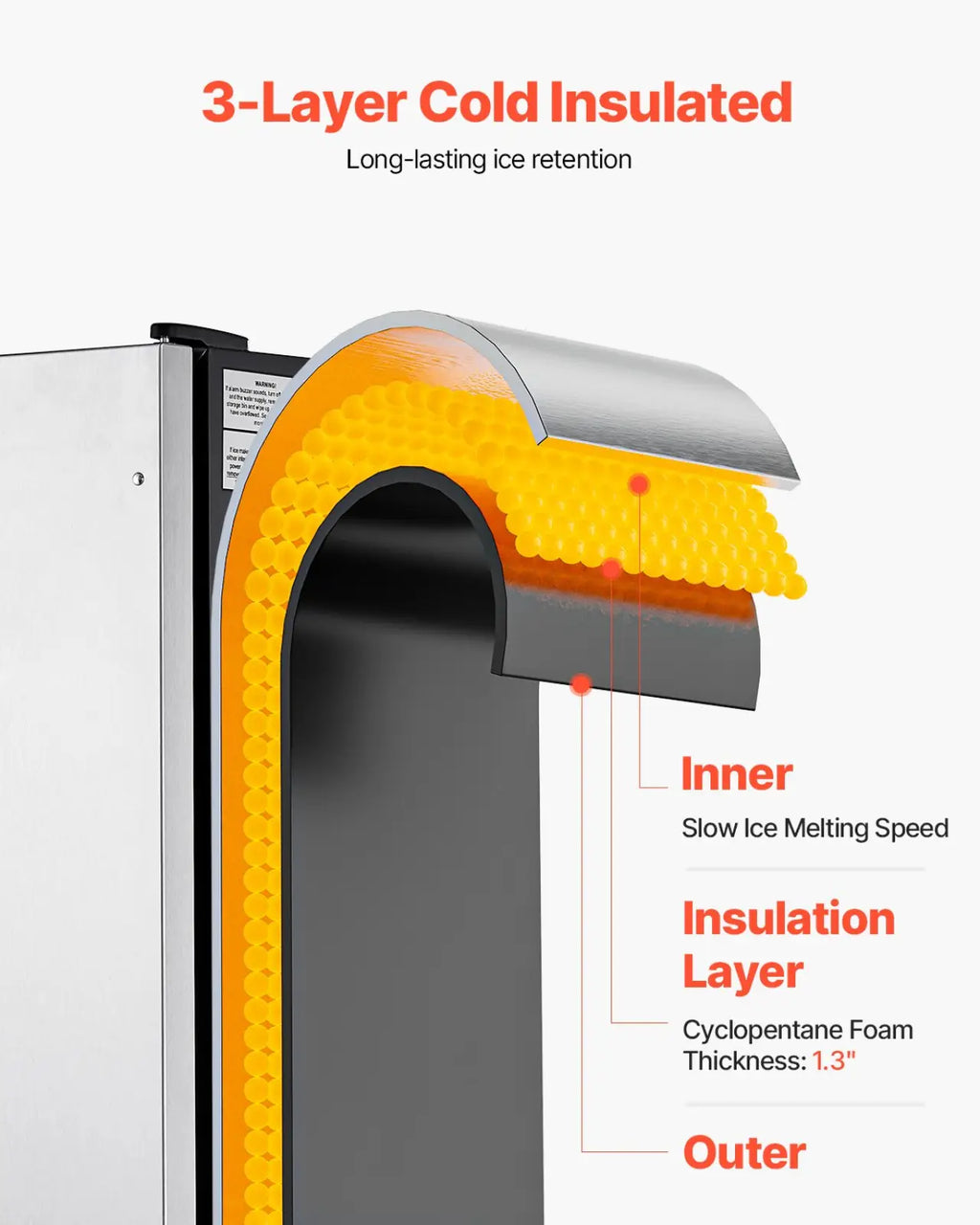 Built-in silver stainless steel 50 lbs ice maker with 3-layer cold insulation and yellow cyclopentane foam layer