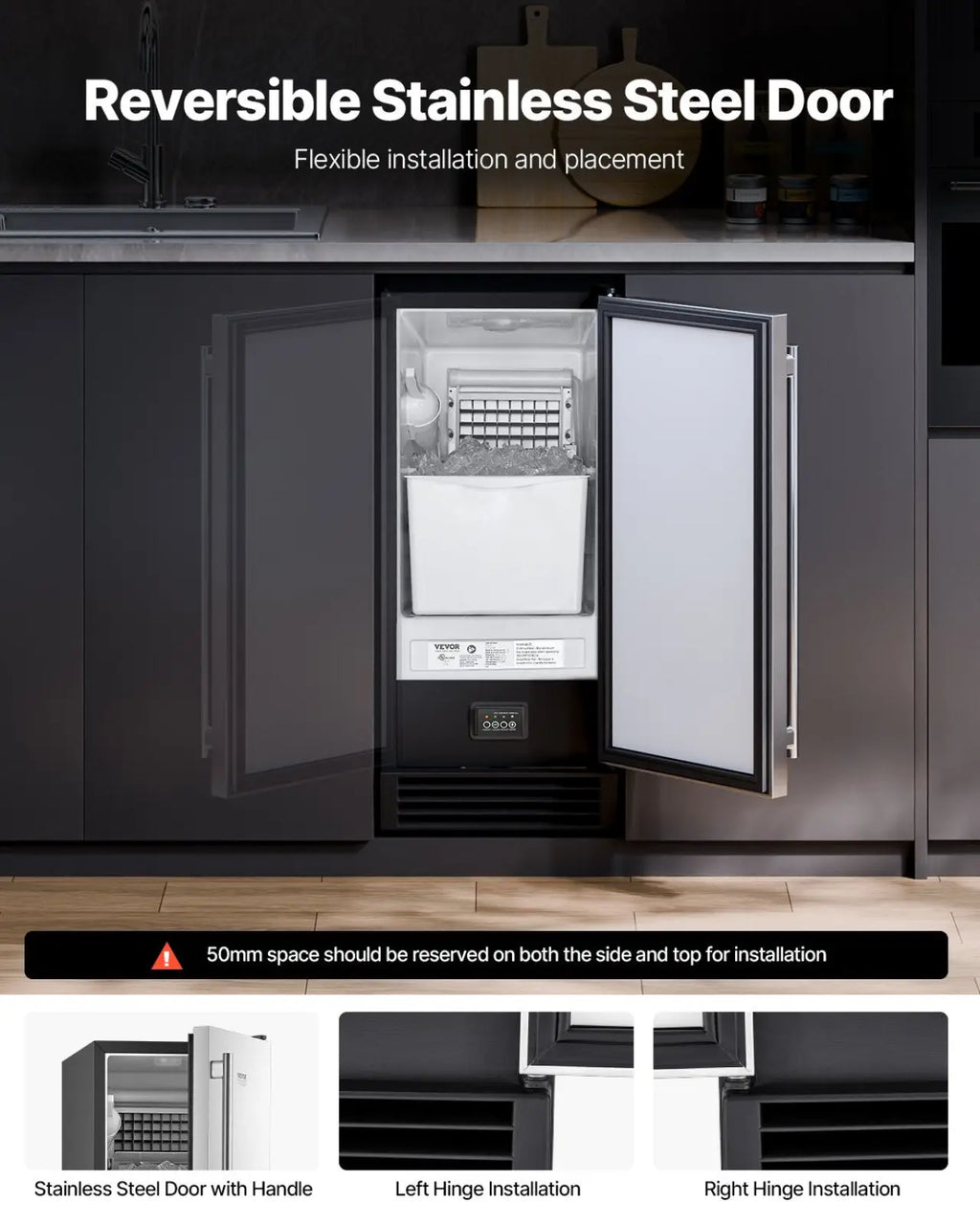 Reversible stainless steel door for built-in ice maker 50 lbs with drain pump in sleek metallic finish left and right hinge options