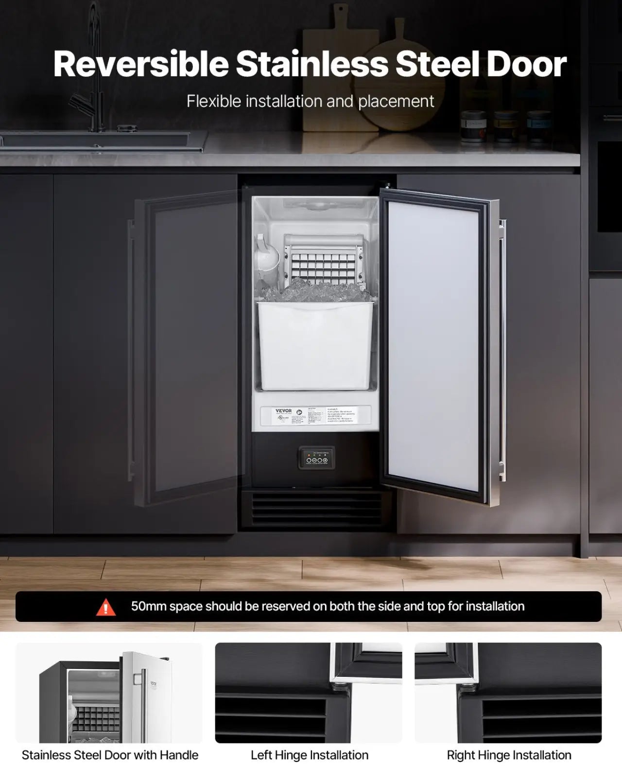 Reversible stainless steel door for built-in ice maker 50 lbs with drain pump in sleek metallic finish left and right hinge options