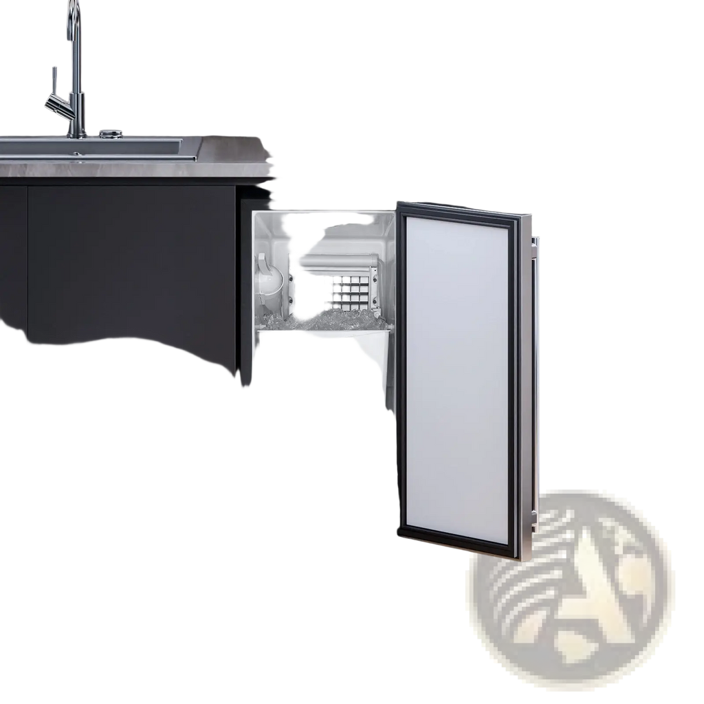 Silver-framed built-in ice maker 50 lbs with drain pump and door featuring white interior and black base in dark cabinetry