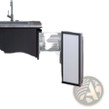 Silver-framed built-in ice maker 50 lbs with drain pump and door featuring white interior and black base in dark cabinetry
