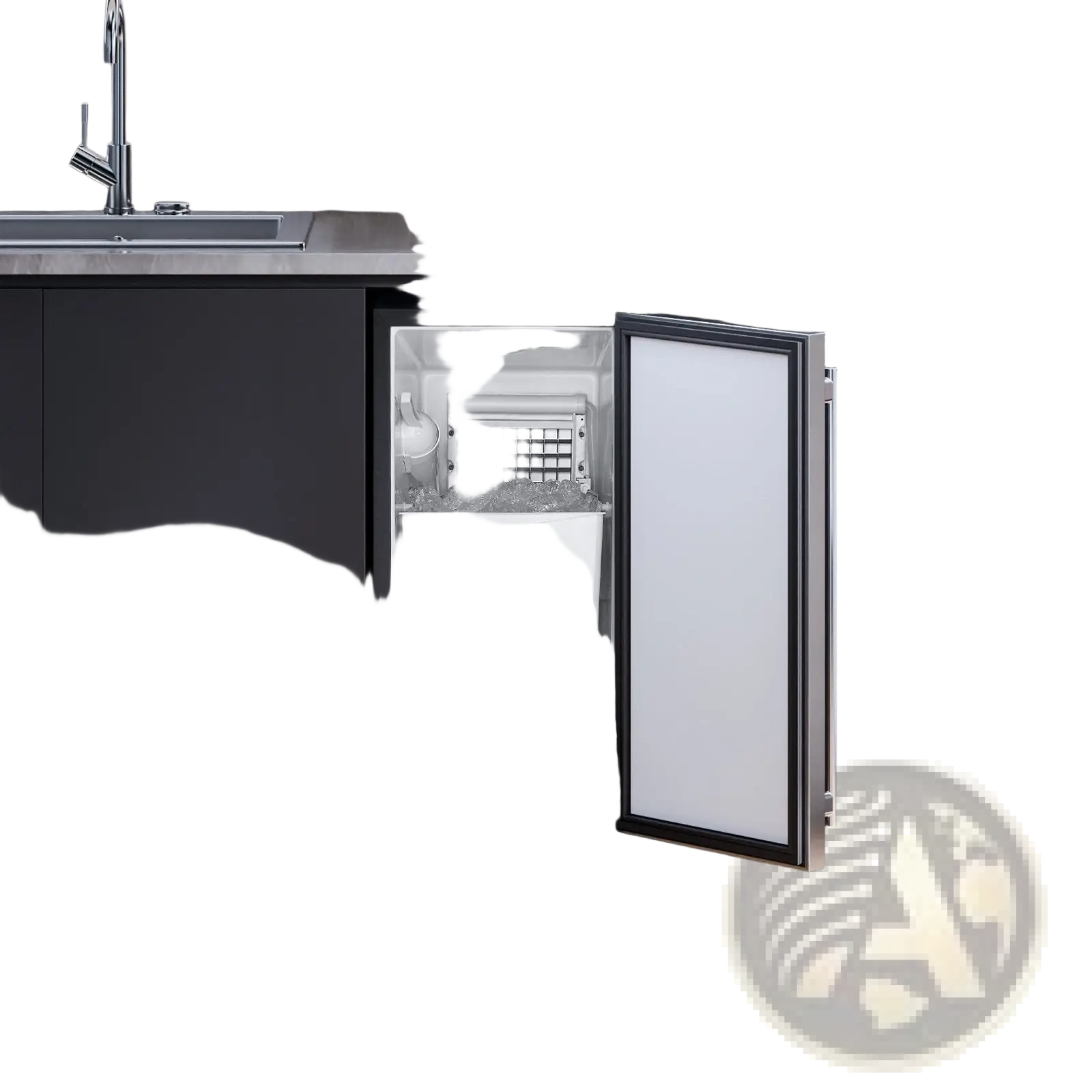 Silver-framed built-in ice maker 50 lbs with drain pump and door featuring white interior and black base in dark cabinetry