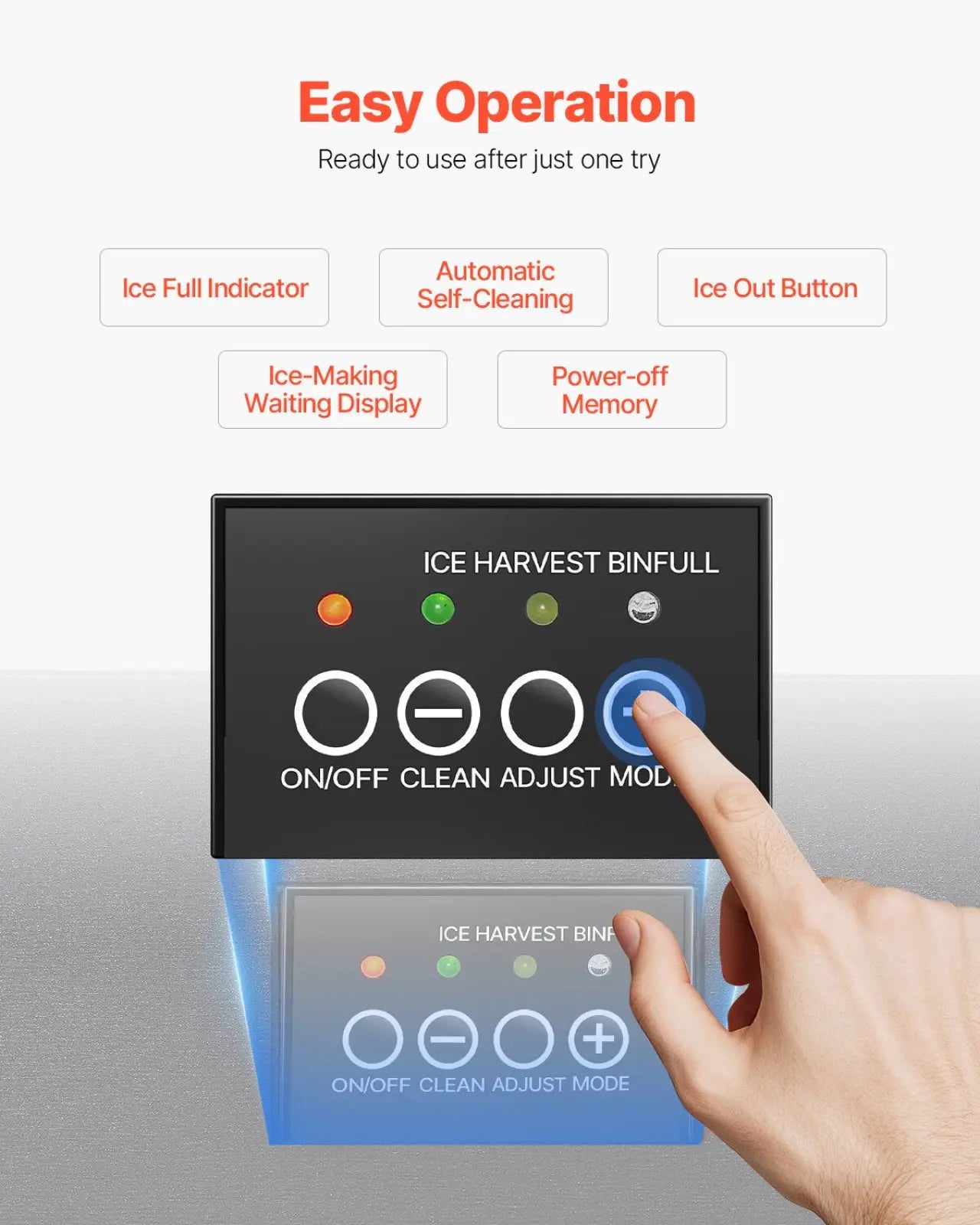 Black and blue digital control panel with illuminated buttons for built-in 50 lbs ice maker with drain pump and door