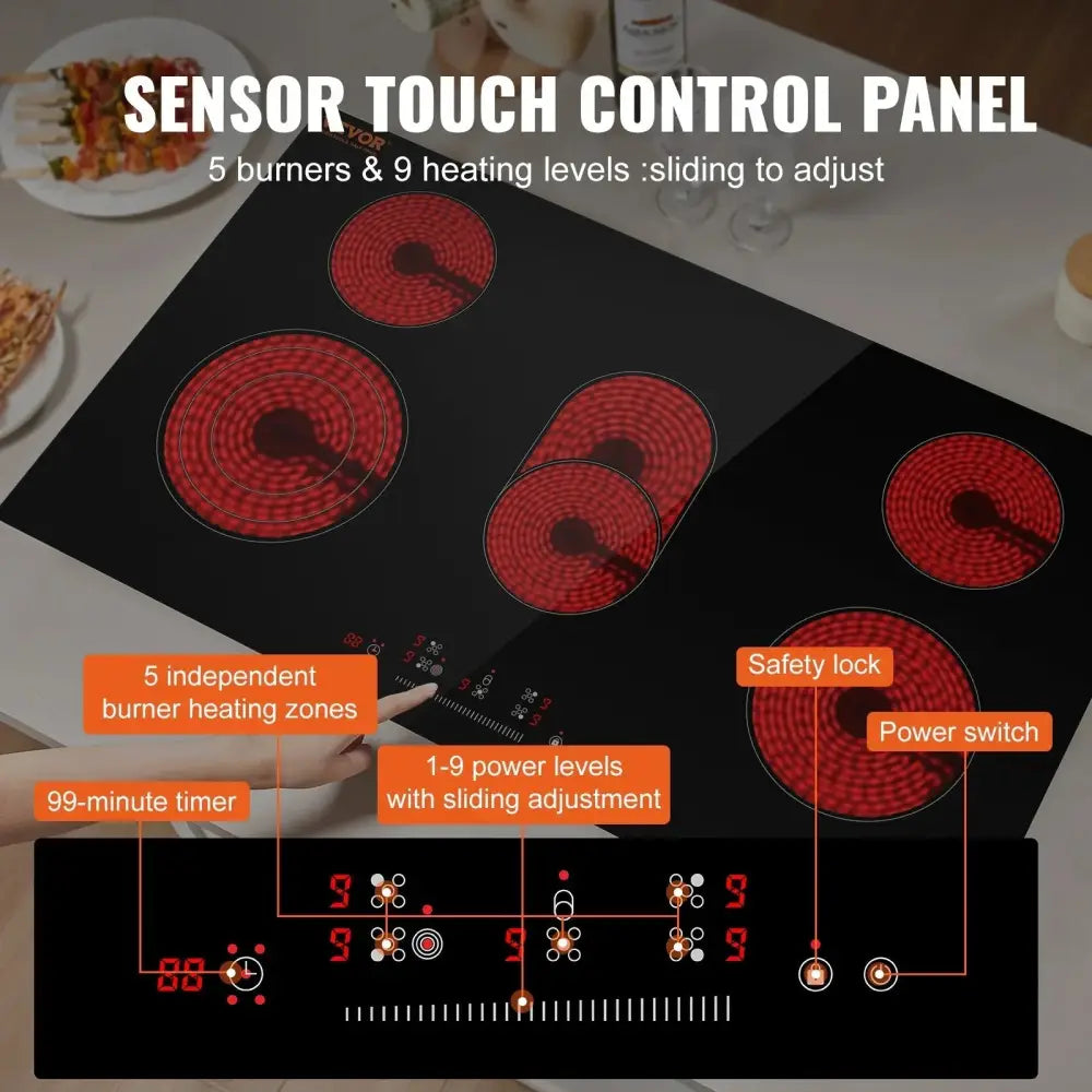 35 inch 5 burner electric ceramic cooktop with black induction surface red heating zones and sensor touch controls