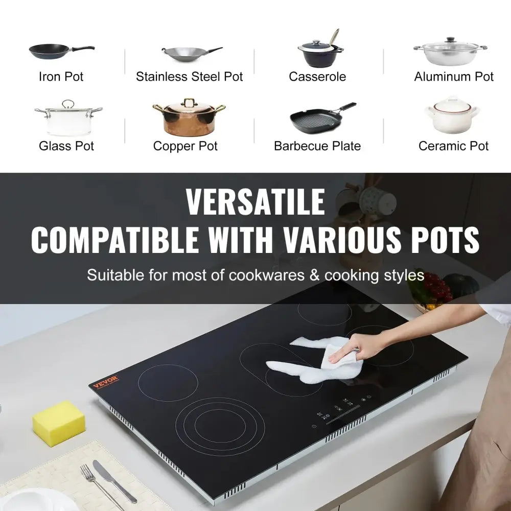Black glass-top 35 inch 5 burner electric ceramic cooktop with silver trim and control panel for kitchen use