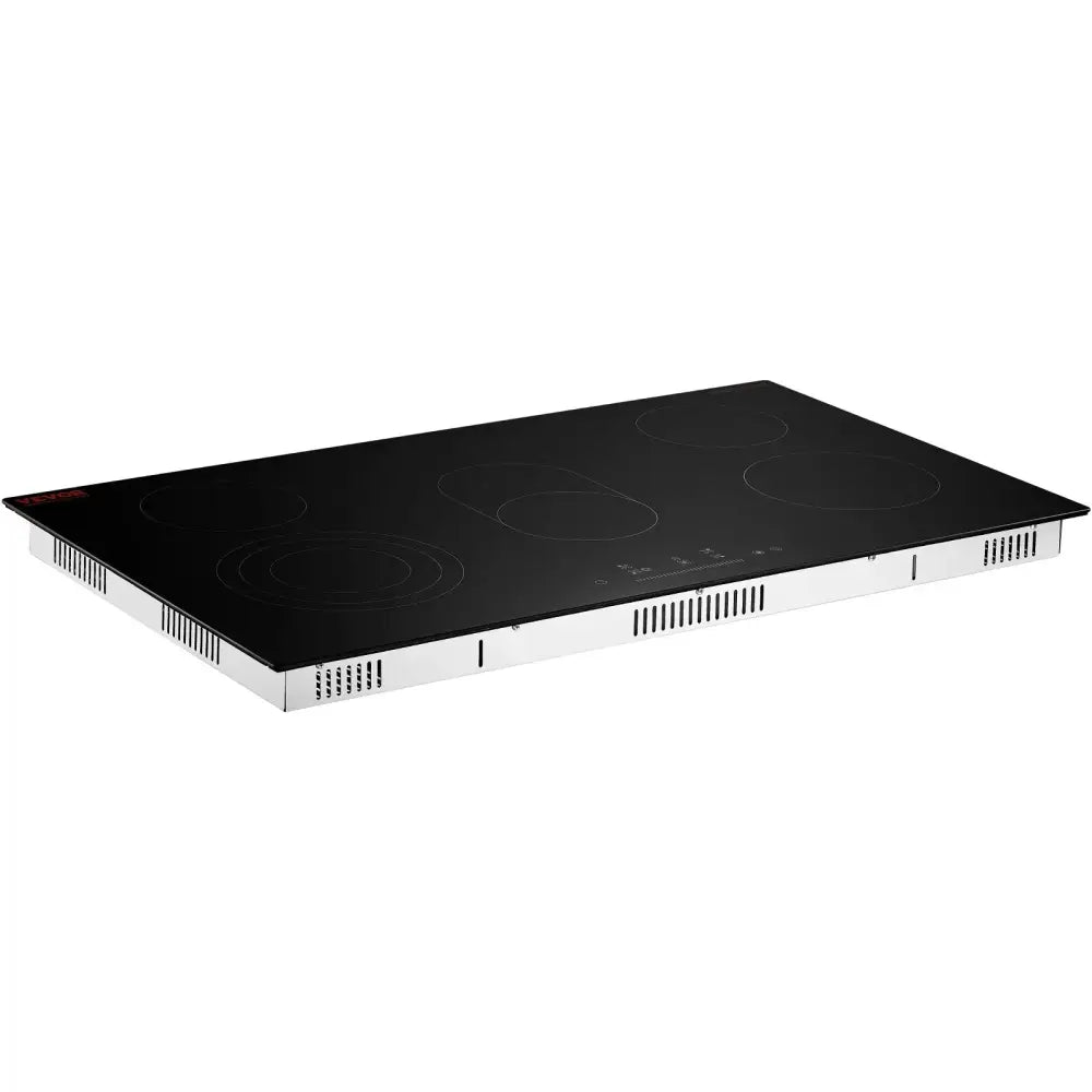 35 inch black glass-ceramic cooktop with four radiant heating elements and stainless steel base with silver trim