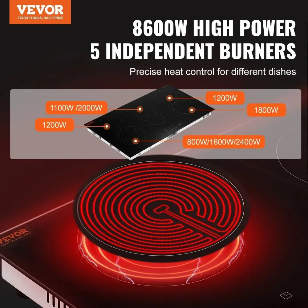 Black glass-ceramic 35 inch electric cooktop with silver trim and five burners labeled with power settings 800w to 2400w