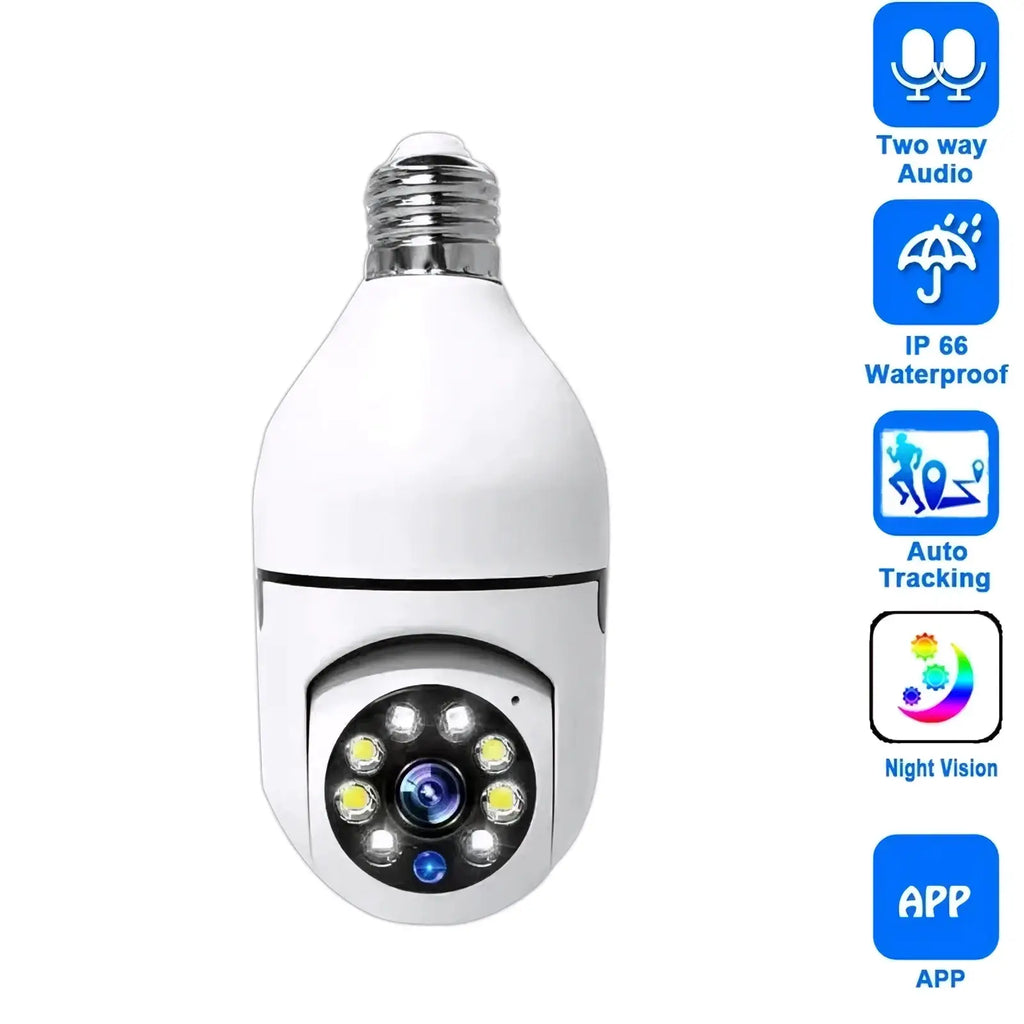 White led bulb security camera with silver screw base 1080p wifi smart hd ip66 waterproof and led array around lens