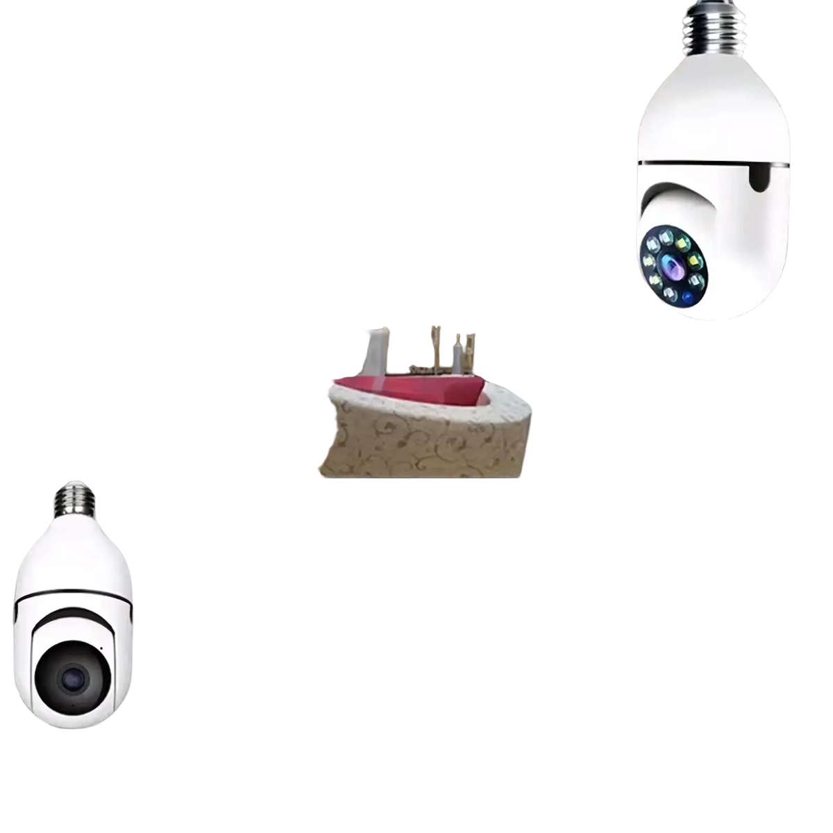 White bulb-shaped security camera with 1080p wifi hd, circular lens array, and metallic E27 screw base for smart home use