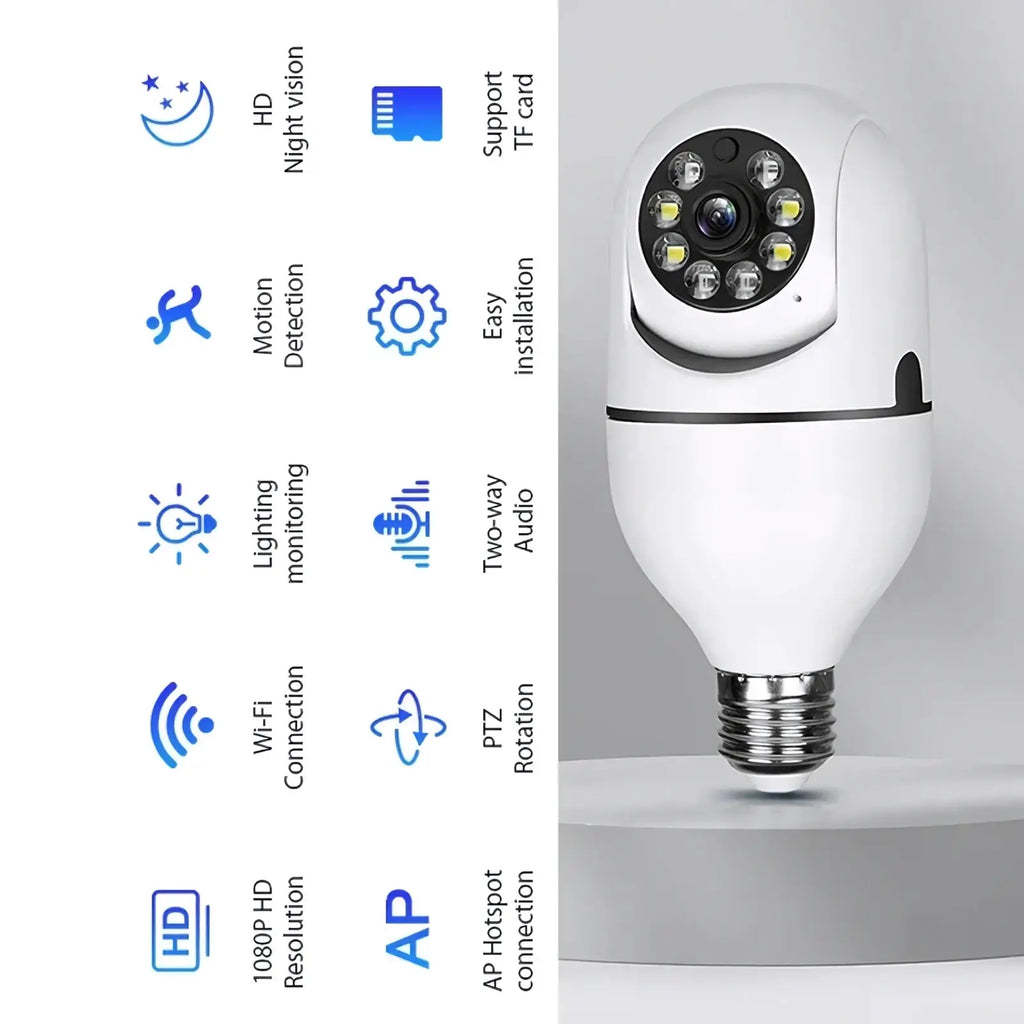 White bulb-shaped bulb security camera 1080p wifi e27 smart hd with black circular lens array and led lights