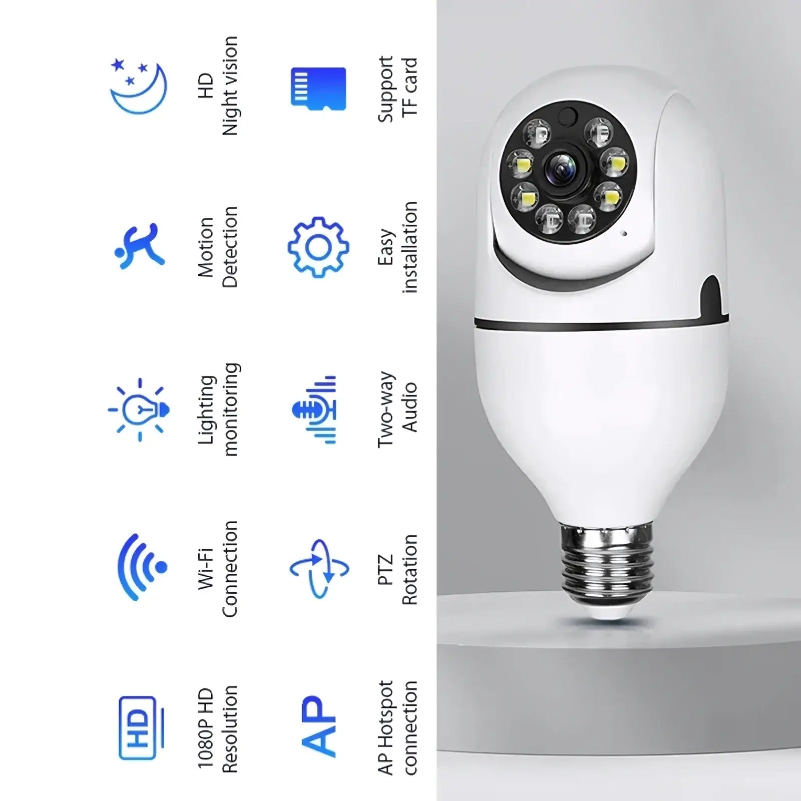 White bulb-shaped smart security camera with black circular lens and led lights 1080p wifi e27 smart hd model