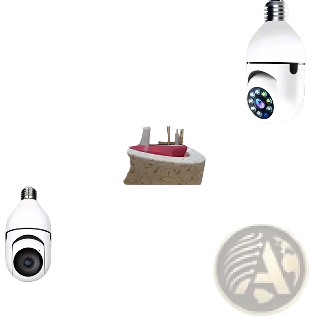 White bulb-shaped security camera with 1080p wifi hd, circular lens array, and metallic E27 screw base for smart home use