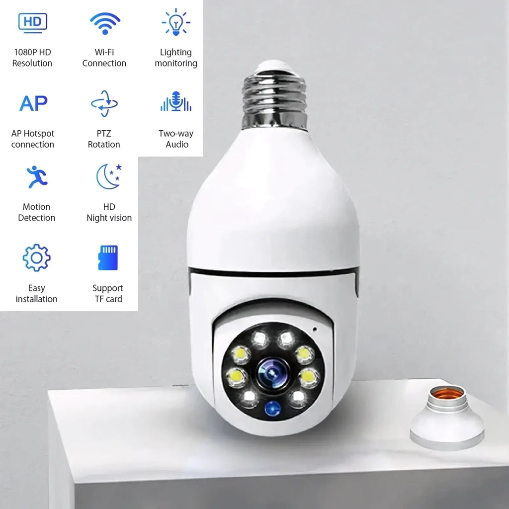 White bulb security camera with metallic screw base and LED lights around lens for 1080p Wifi smart HD surveillance