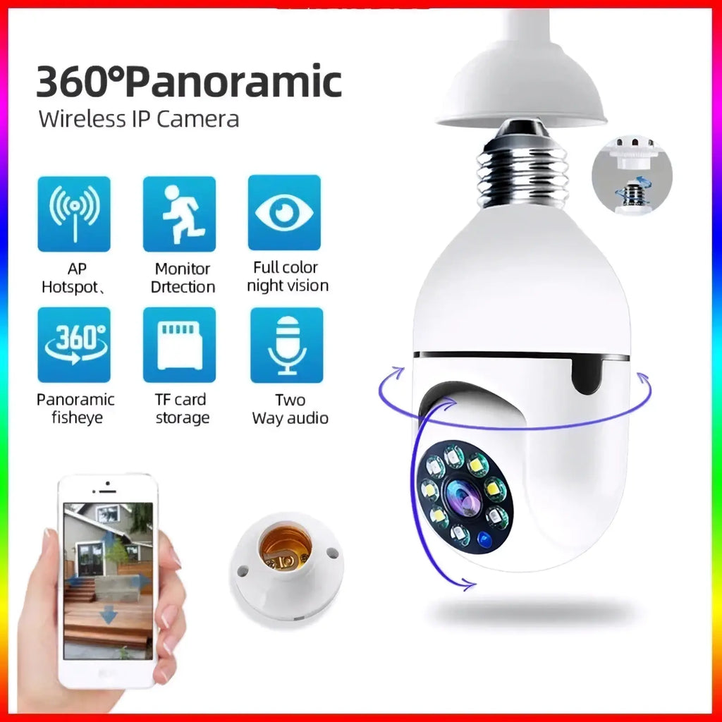 White spherical bulb security camera 1080p wifi with e27 screw base and multiple led lights around the lens