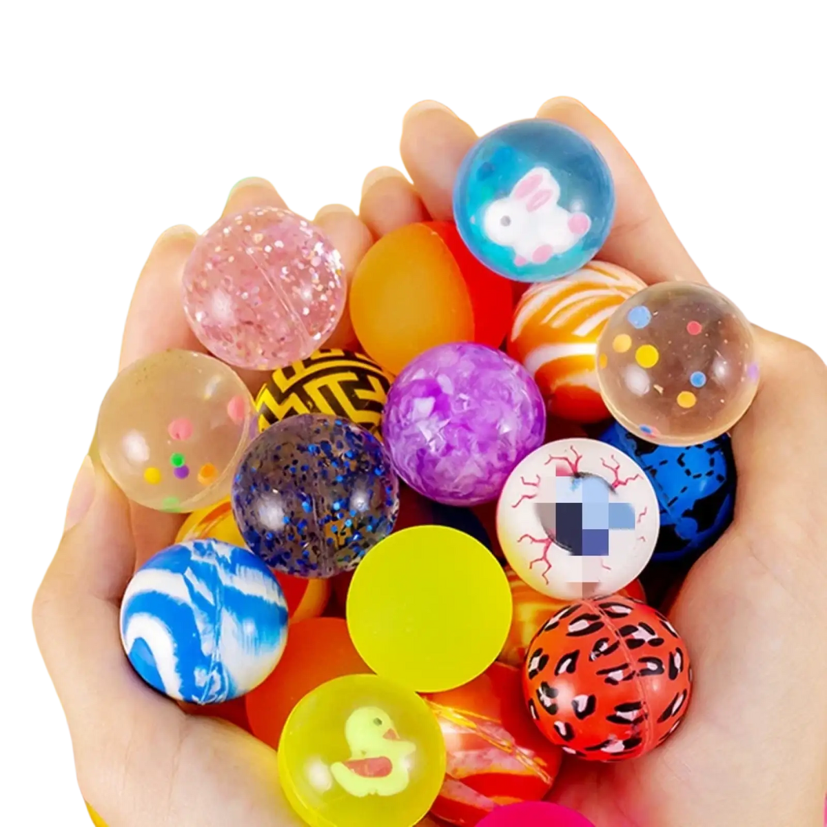 A collection of colorful translucent bulk bouncy balls party favors with glitter patterns and cartoon character designs