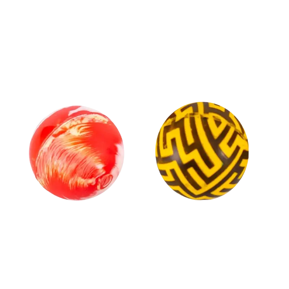 Two spherical stress balls from bulk bouncy balls party favors assortment with red white marble and yellow black maze designs