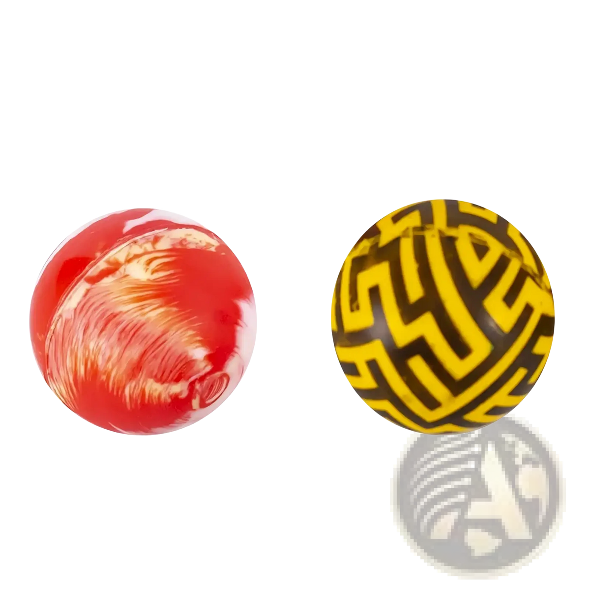 Two spherical stress balls with glossy red and white marble finish and yellow and black maze pattern for party favors