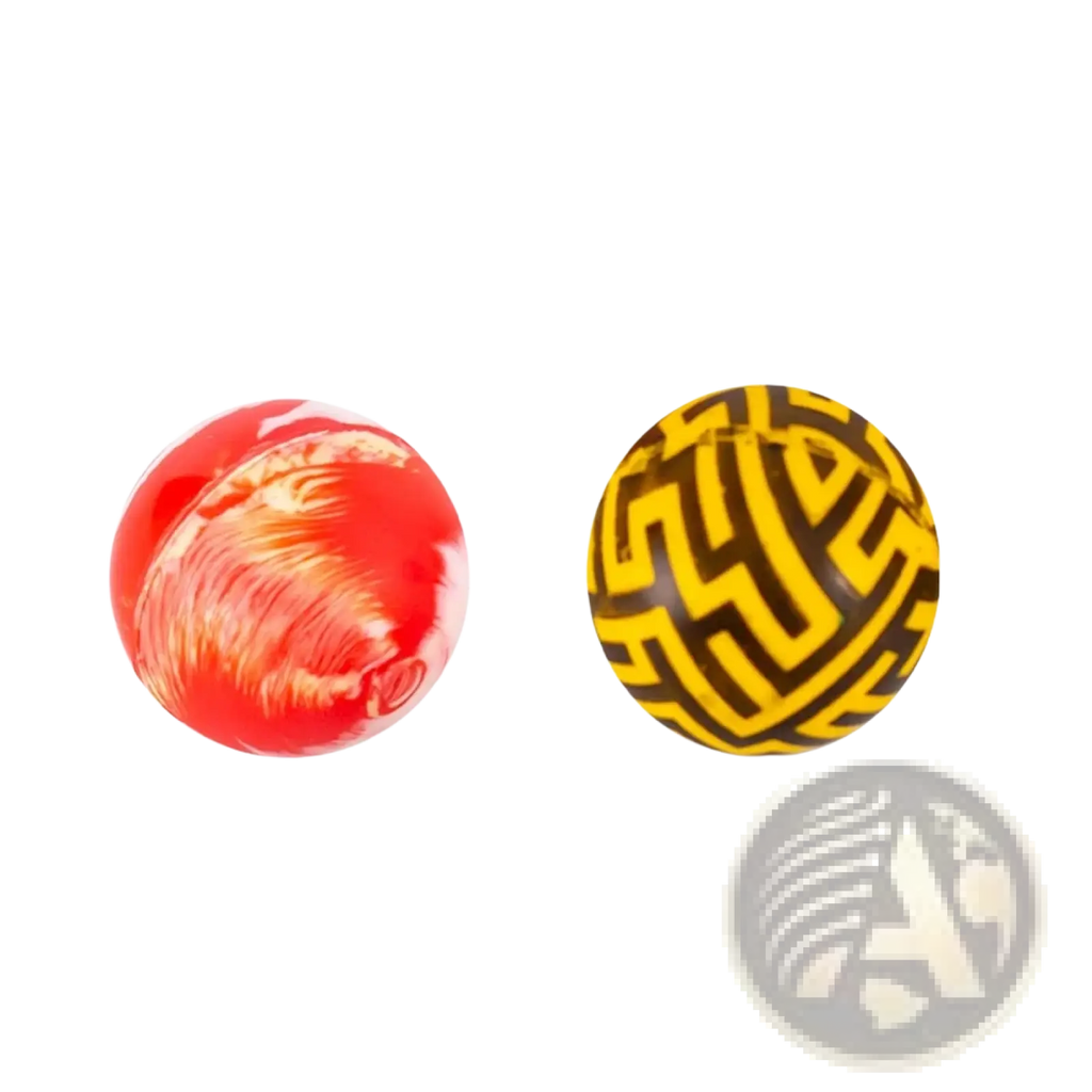 Two spherical stress balls from bulk bouncy balls party favors assortment with red white marble and yellow black maze designs
