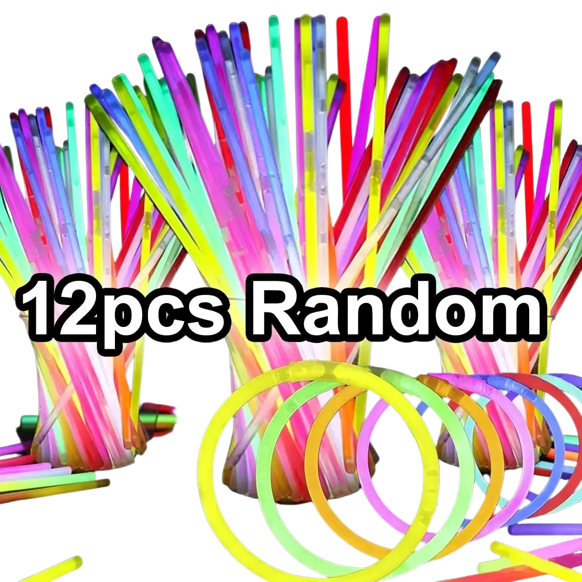 A bundle of 12 colorful neon glow sticks in pink green blue and yellow for bulk party necklaces and bracelets