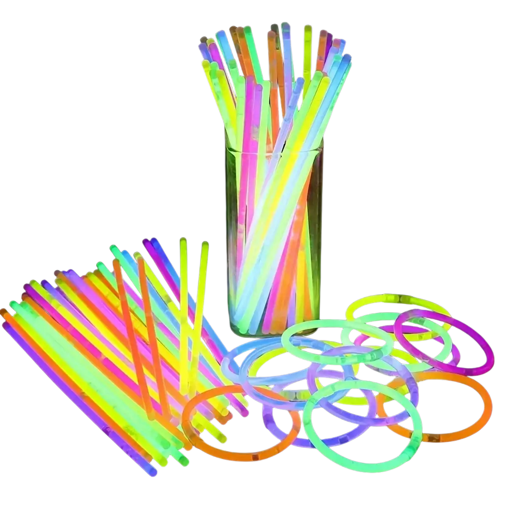 A collection of bulk glow sticks party necklaces and bracelets in vibrant neon colors including yellow green pink blue orange and purple