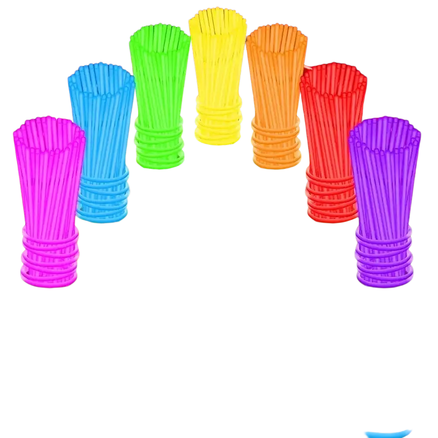 Neon-colored bulk glow sticks party necklaces and bracelets arranged in vibrant glowing bundles against a rainbow backdrop