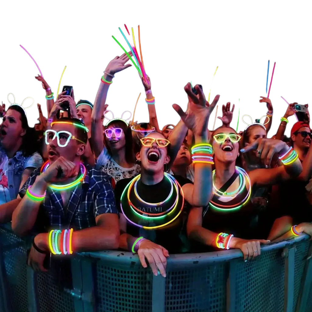 Bulk glow sticks party necklaces and bracelets in vibrant neon rainbow colors worn as glowing accessories