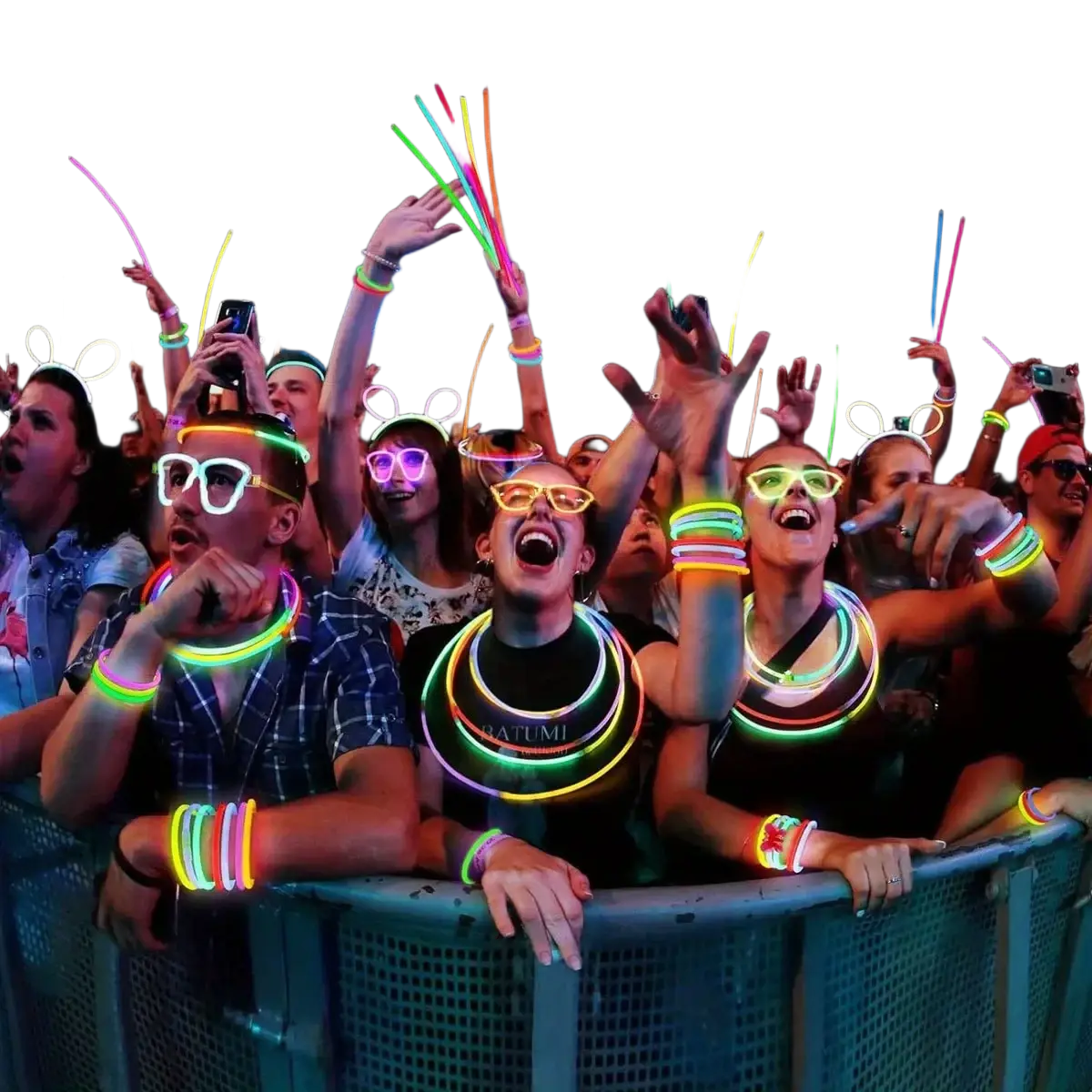 Bulk glow sticks party necklaces and bracelets in vibrant neon rainbow colors worn as glowing accessories