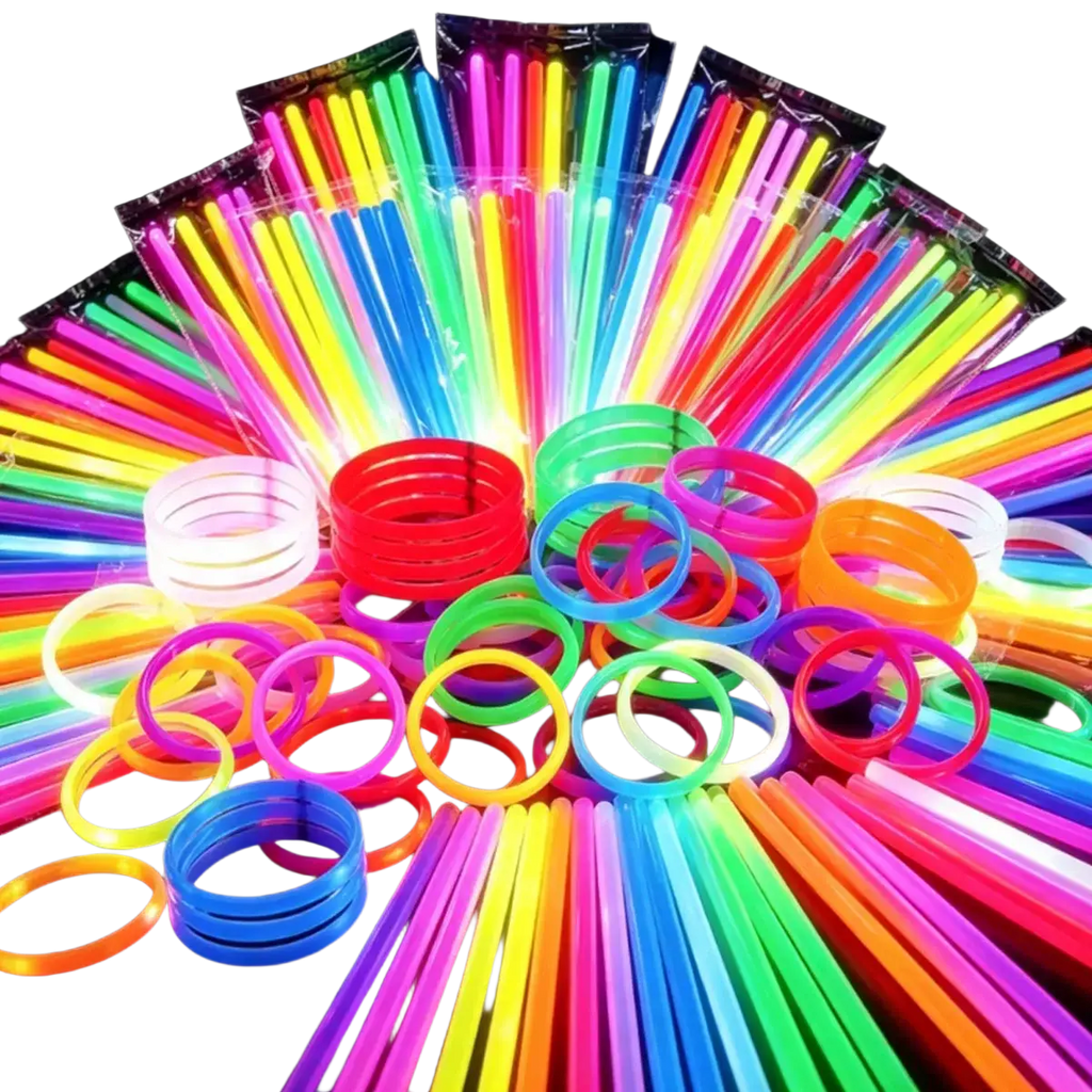A vibrant assortment of bulk glow sticks party necklaces and bracelets in fluorescent pink green blue yellow orange and purple