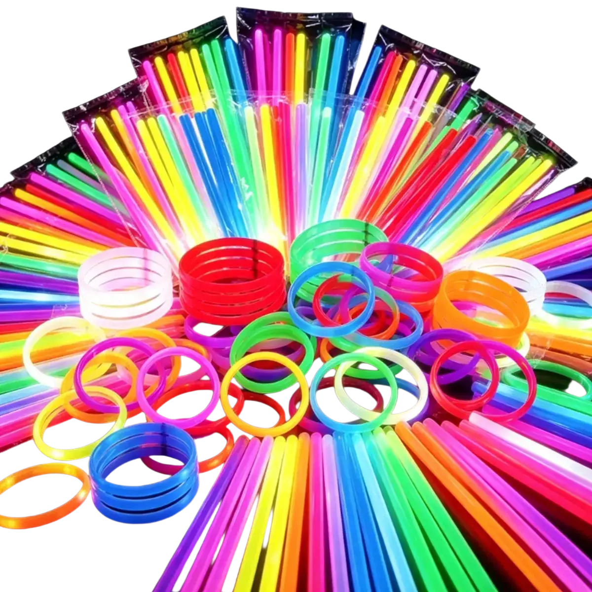 A vibrant assortment of bulk glow sticks party necklaces and bracelets in fluorescent pink green blue yellow orange and purple