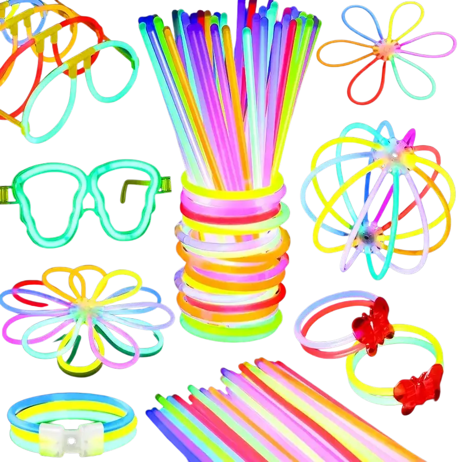 A vibrant collection of glowing neon bulk glow sticks party necklaces and bracelets in assorted bright colors and shapes