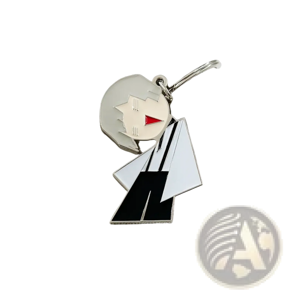Silver enamel keychain of bungo stray dogs nakajima atsushi featuring black and white geometric design with red accent