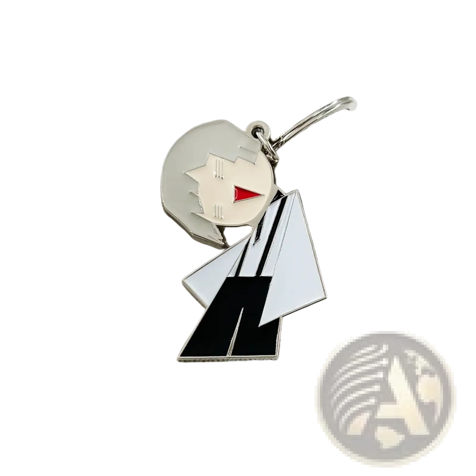 Silver enamel keychain of bungo stray dogs nakajima atsushi featuring black and white geometric design with red accent
