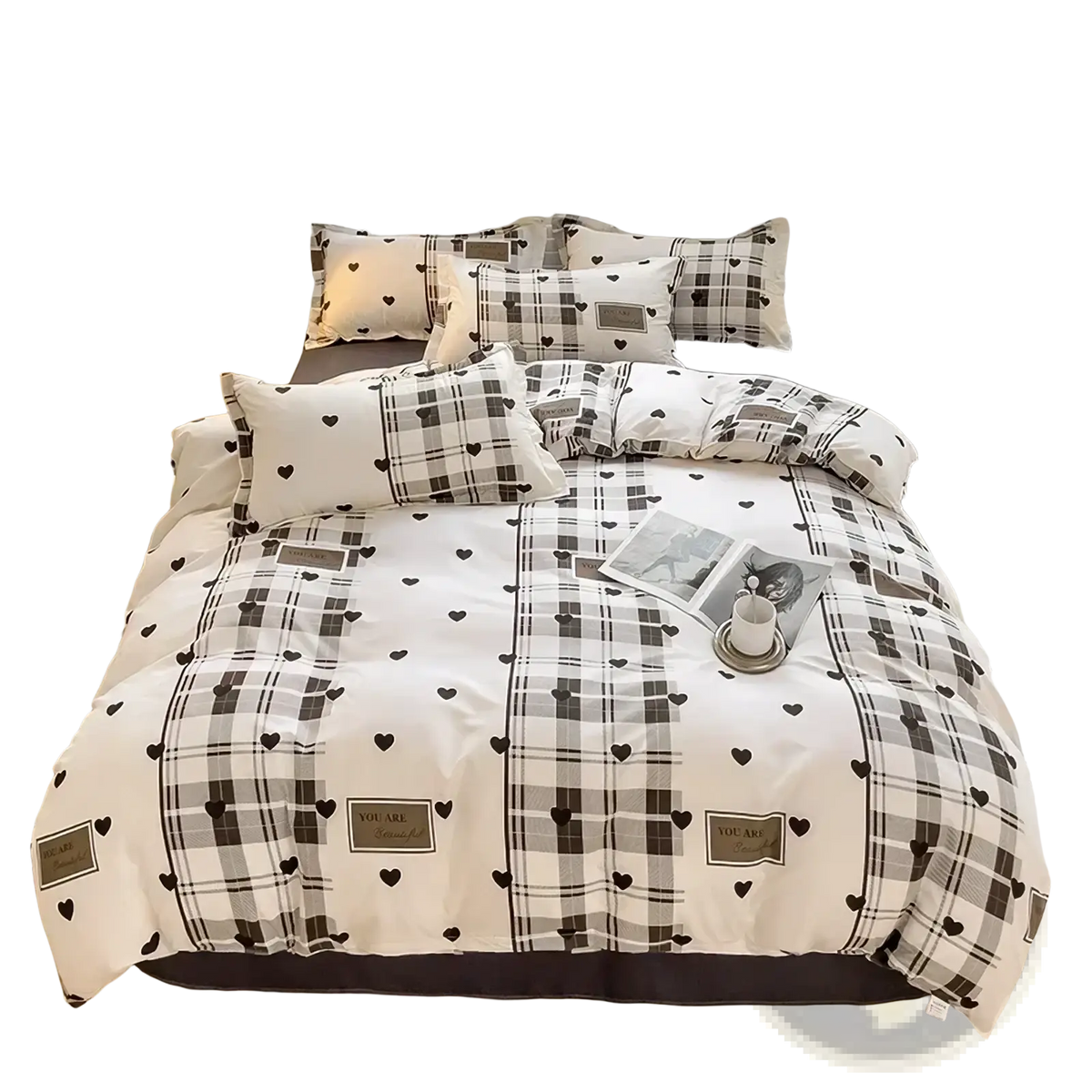 White duvet set with black plaid heart patterns and gray patches reading square and you are from bunny kids bedding set queen size pink sheet