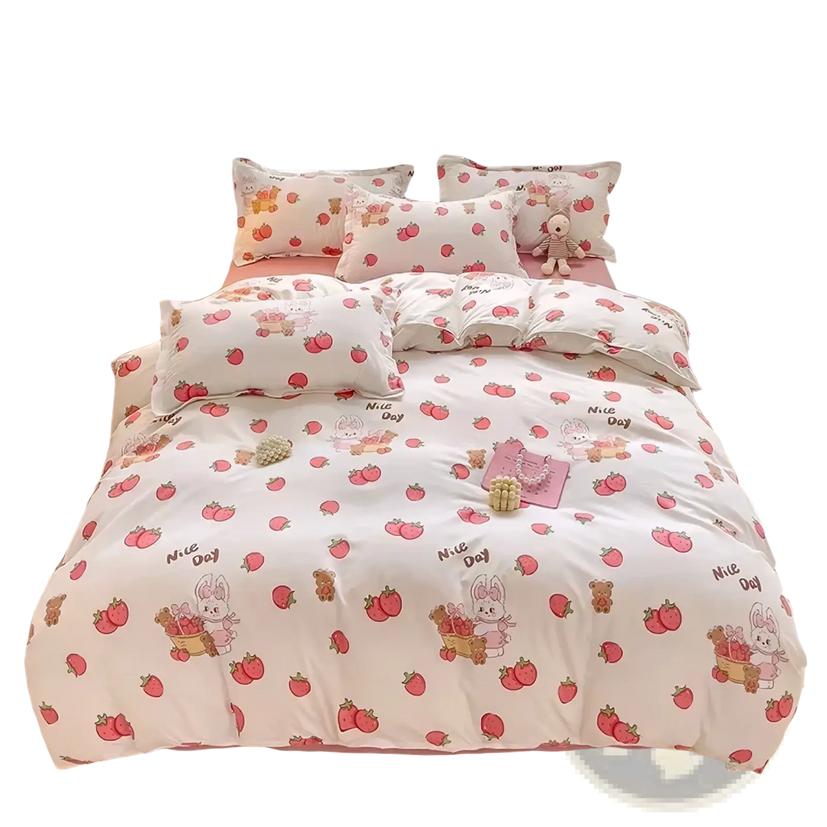White strawberry and bunny-themed queen size kids bedding set with pink sheet and soft fabric for children bedroom
