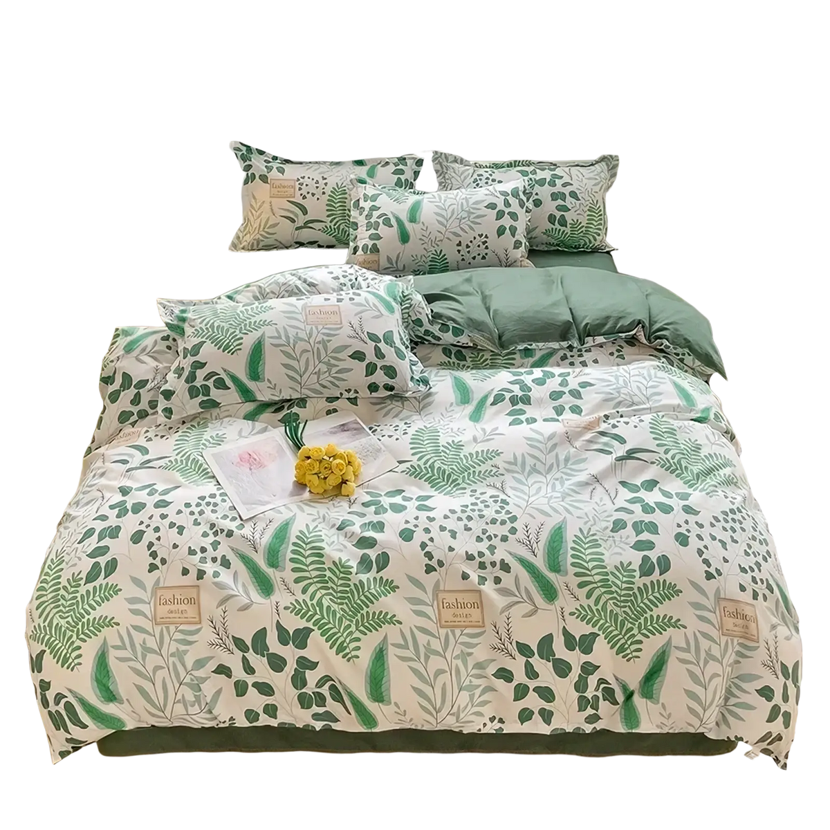 A cozy queen size bunny kids bedding set with white duvet cover and pillowcases featuring green leaf pattern and sage piping