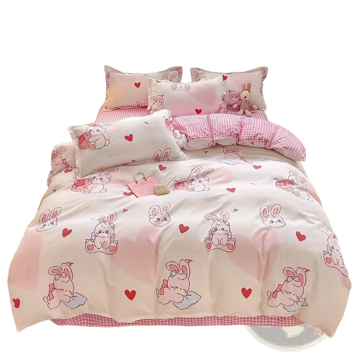 Queen size pink and white bunny-themed bedding set with heart patterns for kids featuring soft fabric