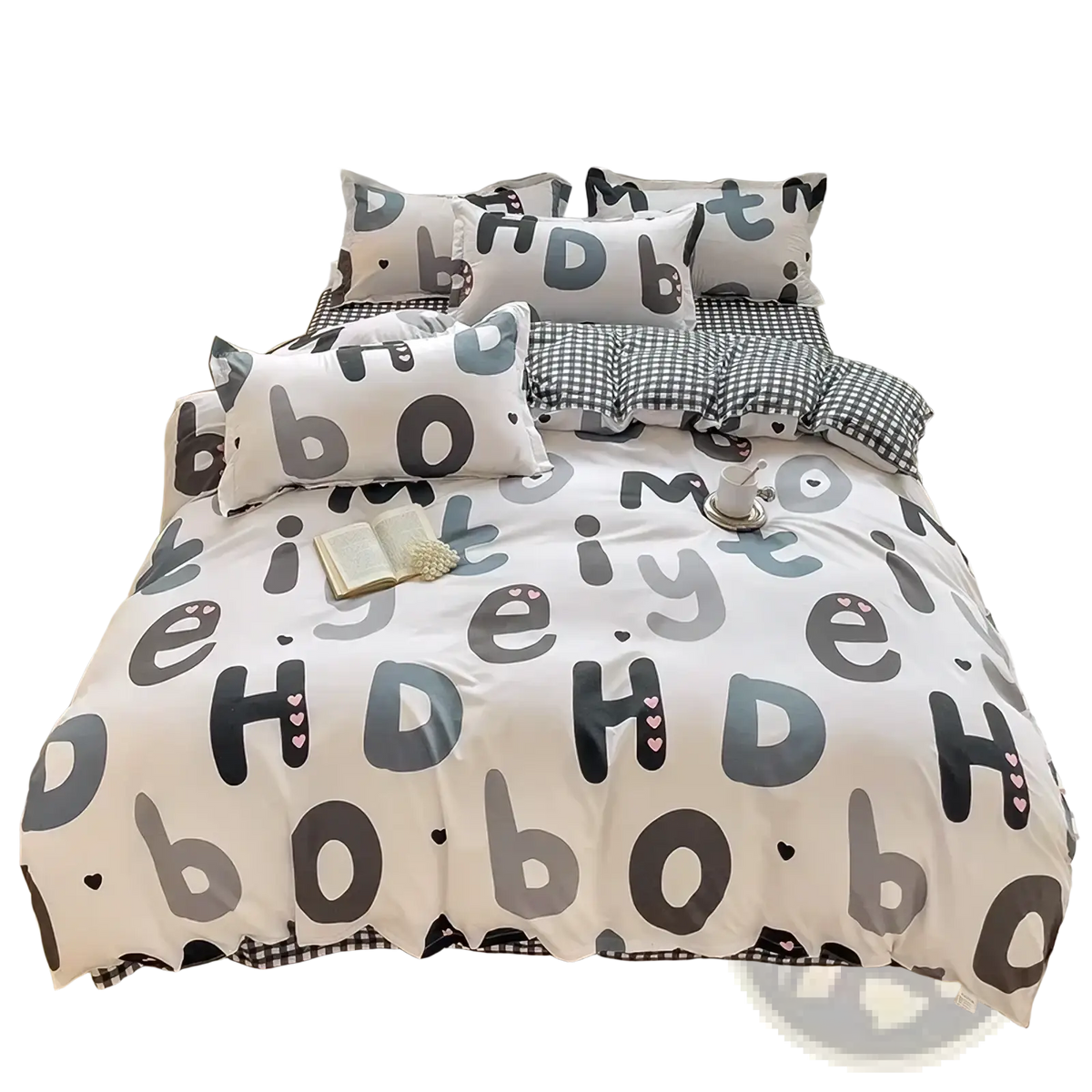 Queen size bunny kids bedding set in white with gray and black letter prints and heart details with pink sheet