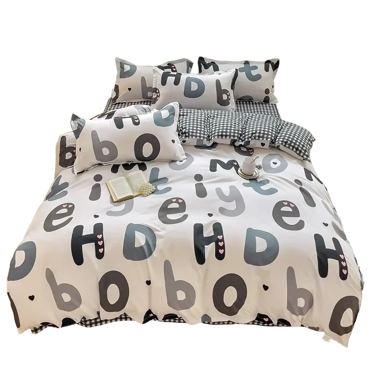 Queen size bunny kids bedding set in white with gray and black letter prints and heart details with pink sheet