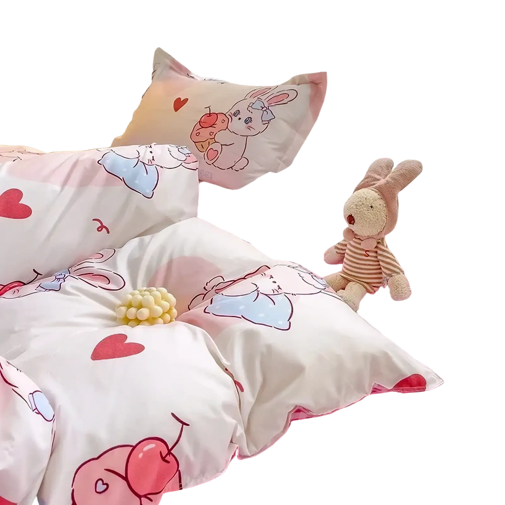 Queen size bunny kids bedding set featuring a pink and white checkered bedspread with bunny and heart patterns